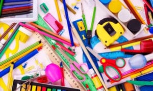 overhead view of colorful art supplies