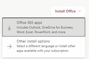 image that shows drop down menu to install Microsoft 365