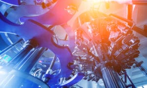 An eye-level view captures a highly engineered, industrial filling machine.