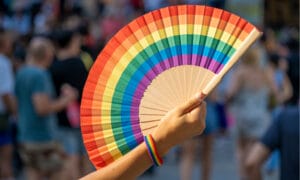 Someone holding a rainbow pride flag