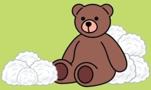 A brown teddy bear sitting by some clouds with a green background.
