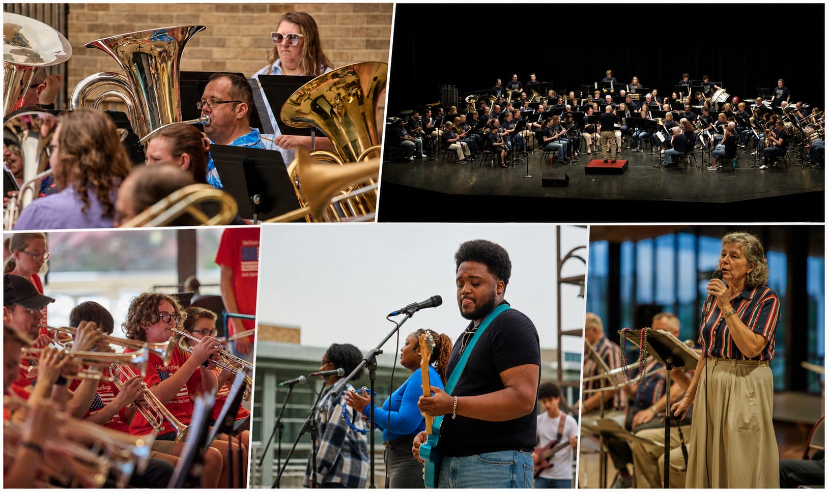 Collage of summer concert series photos, including Capital City Brass Band, Jackson Community Concert Band, Summer Band Camp, Big L and Code Blue, and the French Quarter Dixieland Jaz Band.