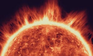 Close up view of the sun on dark background.